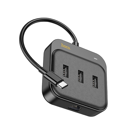 USB Хаб (HB35) с 1 Type-C на 3 USB 2.0+RJ45, HOCO, L=0.2M, черный