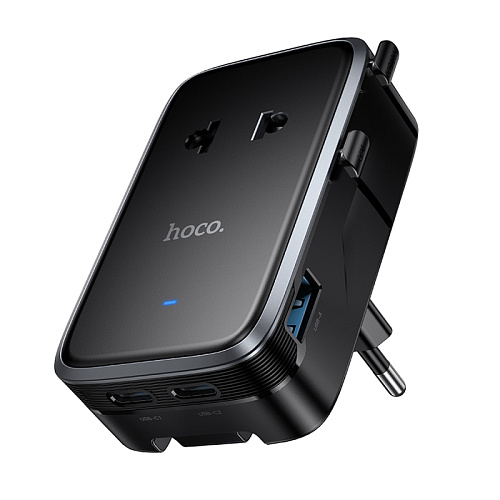 Переходник на розетку (все виды), 2 PD+1 USB, AC35, HOCO, черный