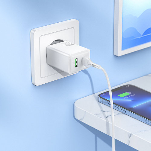 Сетевое зарядное устройство, 1 PD 30W + 1 USB 3.0 QC (N71), HOCO, Type-C to Lightning, белый