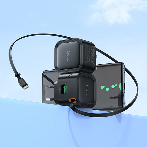 Сетевое зарядное устройство, 1 USB 3.0 QC+встроенный кабель-рулетка Type-C, 20W (C154A), HOCO, черный