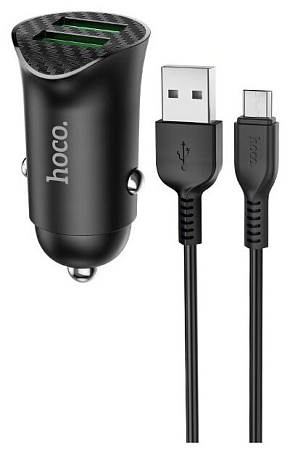 Автомобильное зарядное устройство, 2 USB 3.0 QC (Z39), 18W, HOCO, кабель Micro, черный
