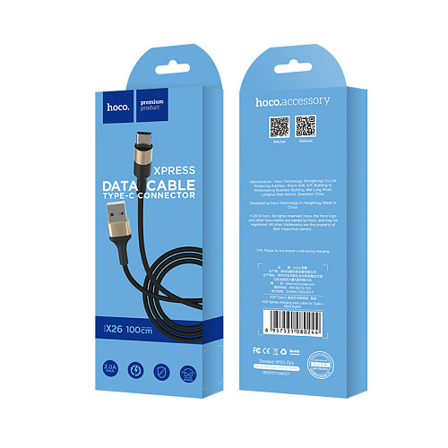 USB Кабель Type-C, HOCO, X26, черно-золотой