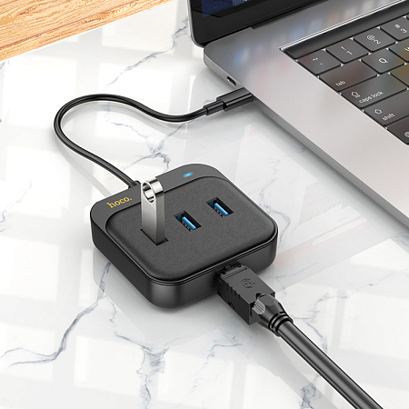 USB Хаб (HB35) с 1 Type-C на 3 USB 3.0+RJ45, HOCO, L=0.2M, черный