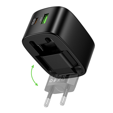 Сетевое зарядное устройство, 1 PD 30W + 1 USB 3.0 QC (CS102A), HOCO, складное, черный