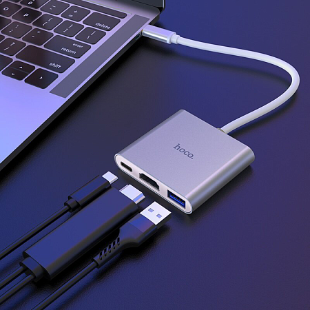 USB Хаб (HB14) c 1 Type-C на USB 3.0+HDMI+PD, HOCO, серебро