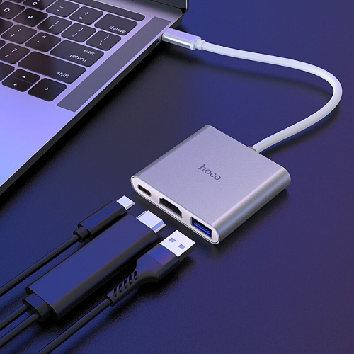 USB Хаб (HB14) c 1 Type-C на USB 3.0+HDMI+PD, HOCO, серебро