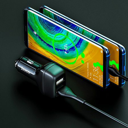 Автомобильное зарядное устройство, 2 USB 2.4A (Z36), usb cable micro, HOCO, черный