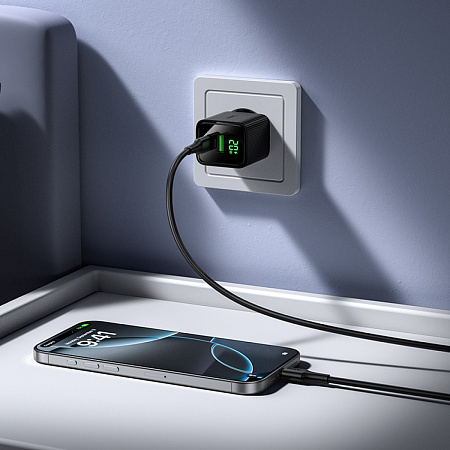 Сетевое зарядное устройство, 1 PD 20W + 1 USB 3.0 QC (CS83A), HOCO, Type-C to Type-C, с дисплеем, черный