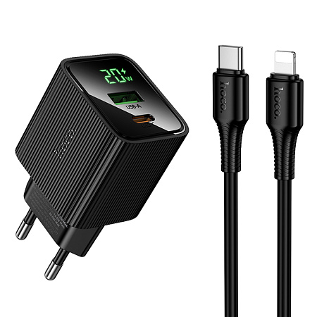 Сетевое зарядное устройство, 1 PD 20W + 1 USB 3.0 QC (CS83A), HOCO, Type-C to Lightning, с дисплеем, черный