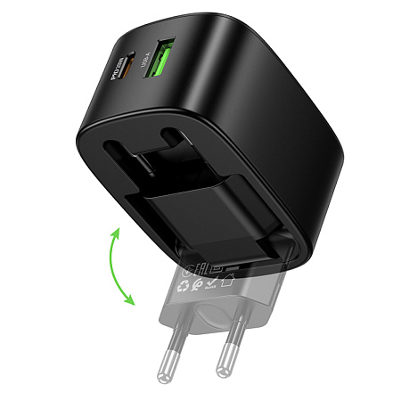 Сетевое зарядное устройство, 1 PD 20W + 1 USB 3.0 QC (CS101A), HOCO, складное, черный