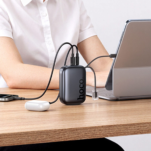 Универсальный Доп. Аккумулятор 20000mAh, Q55, HOCO, выход 1 USB (22.5W) + 1 PD (20W), кабель: Type-C, Lightning, серый