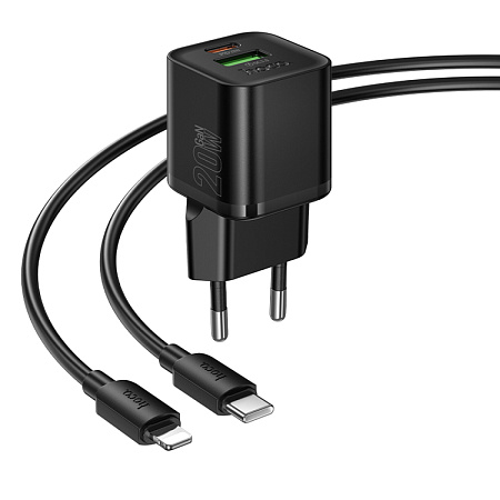 Сетевое зарядное устройство, 1 PD 20W + 1 USB 3.0 QC (N65), HOCO, Type-C to Lightning, черный