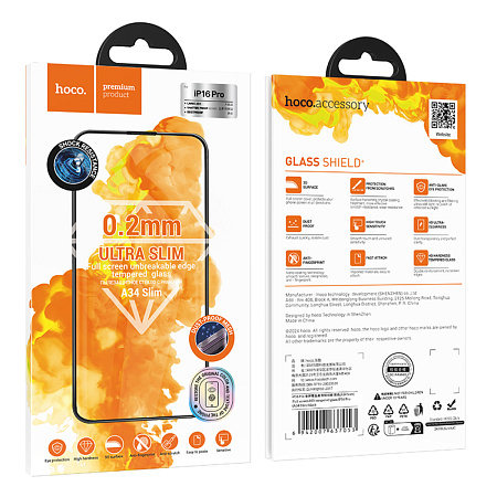 Защитное стекло для iPhone 16 Pro, A34 Slim, HOCO, Full screen HD tempered glass 0.2mm, черное