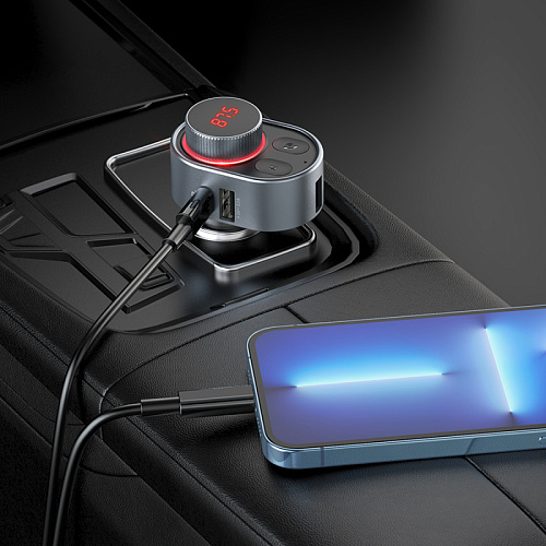 Bluetooth FM модулятор, E72, HOCO, 1 PD 30W+1 USB 3.1A+1 USB 5V/0,5A (для USB накопителя), серый