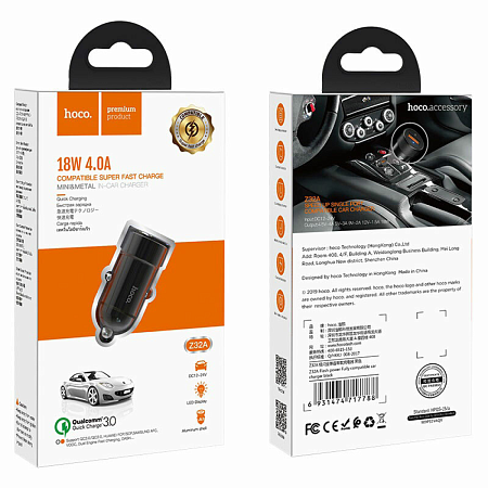 Автомобильное зарядное устройство, 1 USB 18W, QC3.0 (Z32A), HOCO, черный