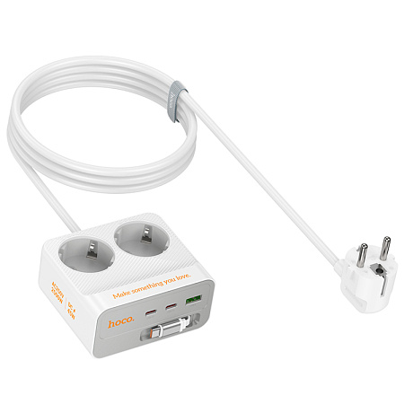 Сетевой фильтр на 2 розетки +1 USB+2 PD, кабель Type-C, 2м, AC28, HOCO, белый