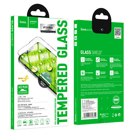 Защитное стекло для iPhone 15 Plus/16 Plus, A12 Plus, HOCO, 3D full screen HD tempered glass, черное