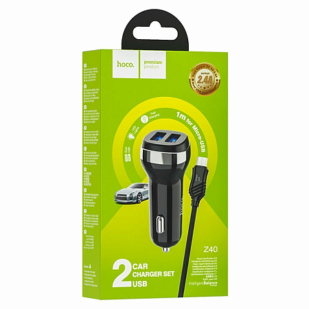 Автомобильное зарядное устройство, 2 USB 2.4A (Z40), usb cable Type-C, HOCO, черный