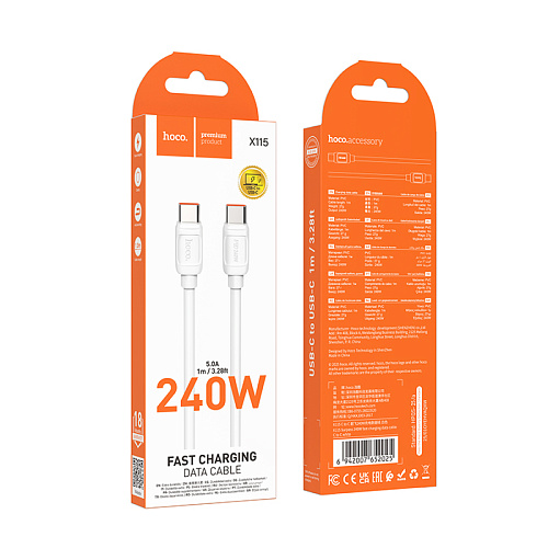 Кабель Type-C на Type-C, HOCO, X115, 1 метр, 240W, цвет белый