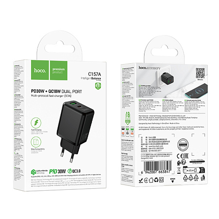 Сетевое зарядное устройство, 1 PD 30W + 1 USB 3.0 QC (C157A), HOCO, черный