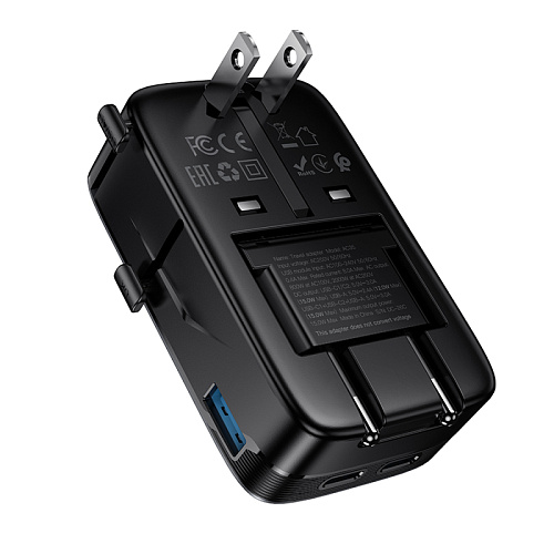 Переходник на розетку (все виды), 2 PD+1 USB, AC35, HOCO, черный