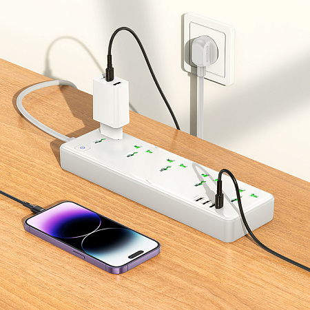 Сетевой фильтр на 5 розеток+3 USB+1 PD, 1.5м, AC13A, HOCO, белый