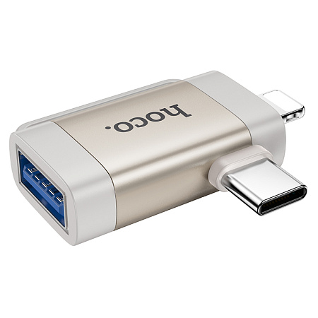 Переходник 2 в 1, с Type-C/lightning (папа) на USB (мама), UA31F, HOCO, серый