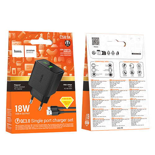 Сетевое зарядное устройство, 1 USB 3.0 QC (CS81A), HOCO, Type-C, с дисплеем, черный