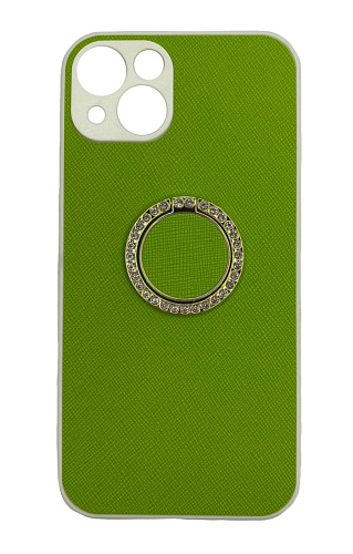 Чехол силиконовый для iPhone 13 (6.1), текстурный с подставкой кольцом на палец со стразами, X-CASE, салатовый