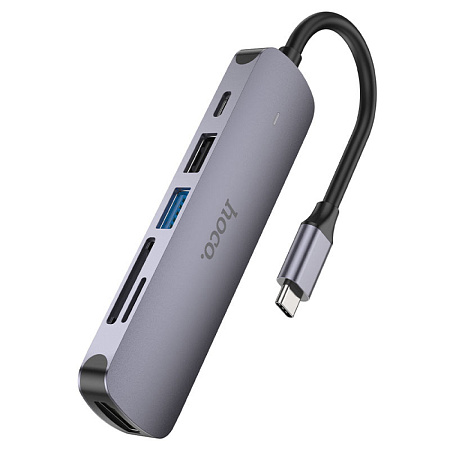USB Хаб (HB28) c 1 Type-C на 1 USB 3.0 + 1 USB 2.0+1 USB-C+HDMI+MicroSD+SD, HOCO, металлический серый