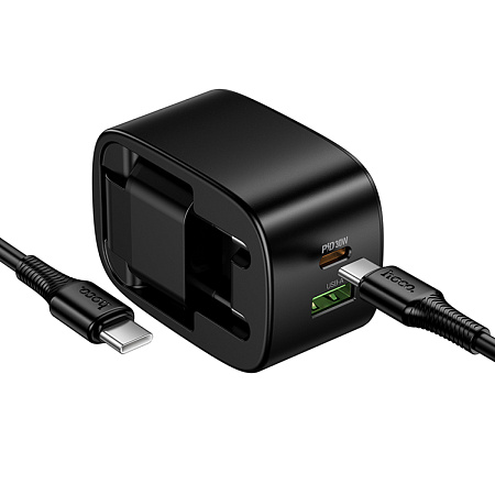 Сетевое зарядное устройство, 1 PD 30W + 1 USB 3.0 QC (CS102A), HOCO, Type-C to Type-C, складное, черный