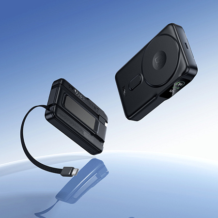 Универсальный Доп. Аккумулятор 10000mAh, Q48, HOCO, 1 PD 20W, MagSafe, кабели: Type-C, Lightning, подставка, черный