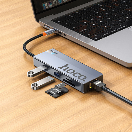 USB Хаб (HB52) с 1 Type-C на HDTV+RJ45+SD/TF+PD+Type-C 3.0+2 USB 3.0, HOCO, серый