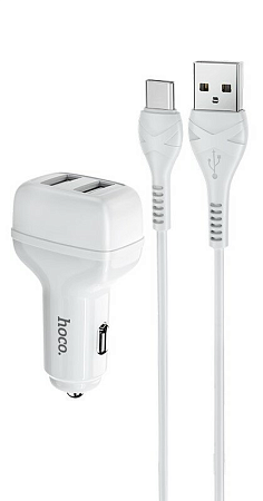 Автомобильное зарядное устройство, 2 USB 2.4A (Z36), usb cable Type-C, HOCO, белый