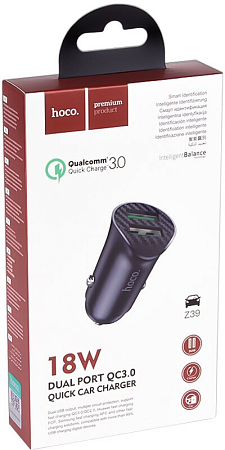 Автомобильное зарядное устройство, 2 USB 3.0 QC (Z39), 18W, HOCO, черный