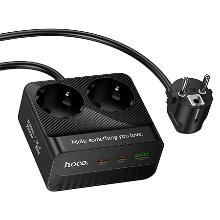 Сетевой фильтр на 2 розетки +1 USB+2 PD, 2м, AC27, HOCO, черный