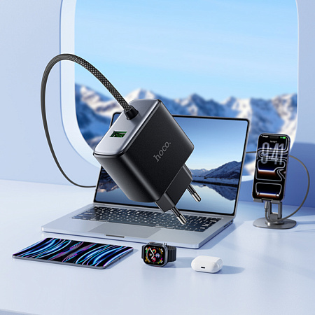 Сетевое зарядное устройство, 1 Type-C 25W + 1 USB 3.0 QC (C164A), HOCO, встроенный кабель Type-C, черный