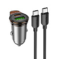 Автомобильное зарядное устройство, 1 USB QC3.0 18W, 1 PD 25W (NZ16A), HOCO, Type-C to Type-C, серый