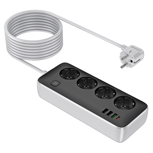 Сетевой фильтр на 4 розетки+3 USB+1 PD(30Вт), 3 м, AC22, Sunlight, HOCO, черный