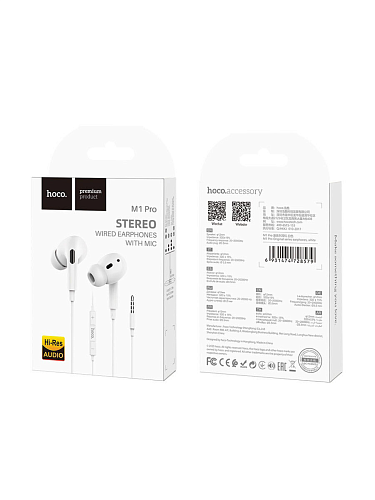 Проводные наушники M1 Pro Original series earphones, вакуумные с микрофоном, HOCO, белые