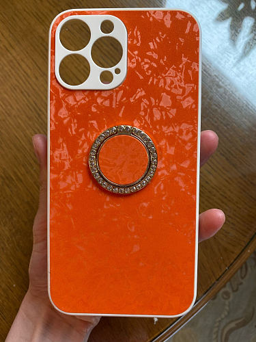 Чехол силиконовый для iPhone 13 Pro (6.1), с подставкой кольцом на палец со стразами, X-CASE, оранжевый