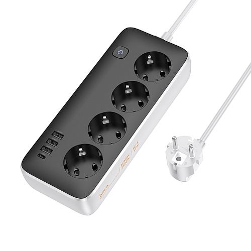 Сетевой фильтр на 4 розетки+3 USB+1 PD, 1.5 м, AC21, Sunlight, HOCO, черный