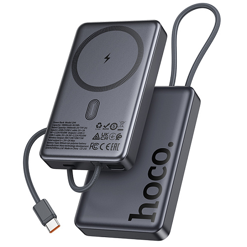 Универсальный Доп. Аккумулятор 10000mAh, Q44, HOCO, 1 PD 20W, беспроводная зарядка (MagSafe), с кабелем Type-C, серый