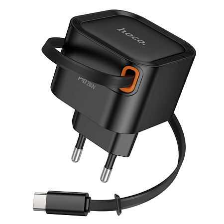 Сетевое зарядное устройство, встроенный кабель-рулетка Type-C, 20W (C153A), HOCO, черный