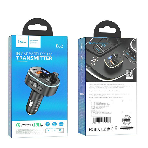 Bluetooth FM модулятор, E62, HOCO, 1 PD 20W+1 QC3.0+1 USB, черный