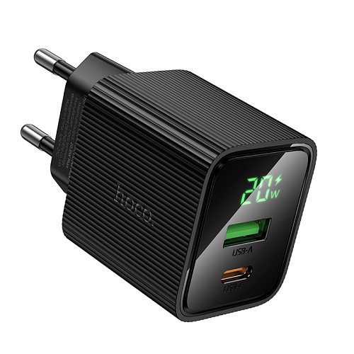 Сетевое зарядное устройство, 1 PD 20W + 1 USB 3.0 QC (CS83A), HOCO, с дисплеем, черный