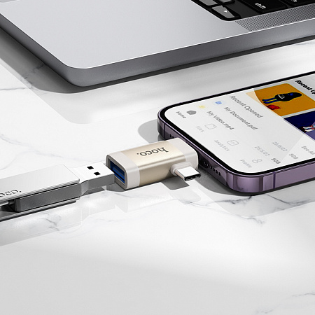 Переходник 2 в 1, с Type-C/lightning (папа) на USB (мама), UA31F, HOCO, серый