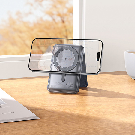 Универсальный Доп. Аккумулятор 5000mAh, Q46, HOCO, 1 PD 20W, беспроводная зарядка, карман для карты, с подставкой, серый