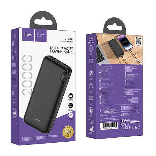 Универсальный Доп. Аккумулятор 20000mAh, J128A, HOCO, выход: 2 USB (5V/2A), черный