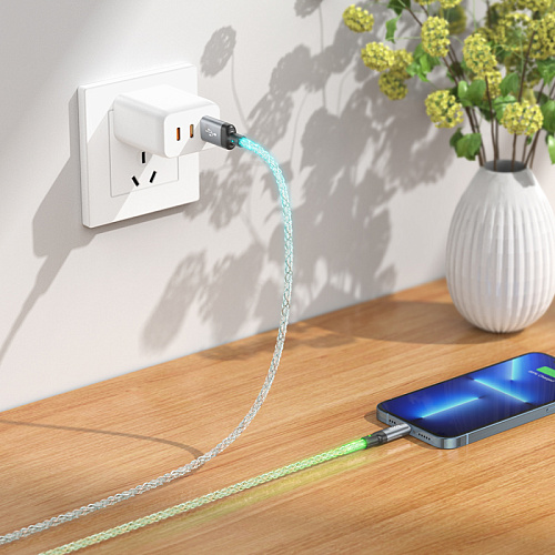 USB дата кабель Lightning, HOCO, U112, 1м, светящийся, серый